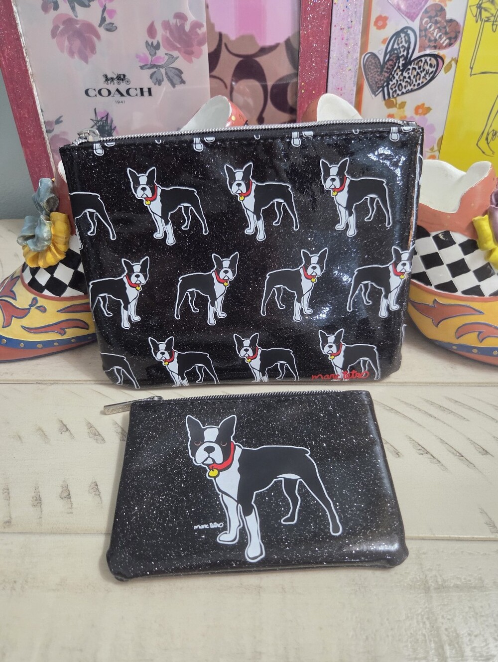 Marc Tetro with a repeated Boston Terrier dog print, Black Glitter, NWOT